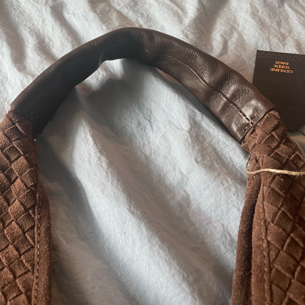 Chocolate Brown Woven Suede Slouchy Hobo Shoulder Bag - Picture 3 of 5